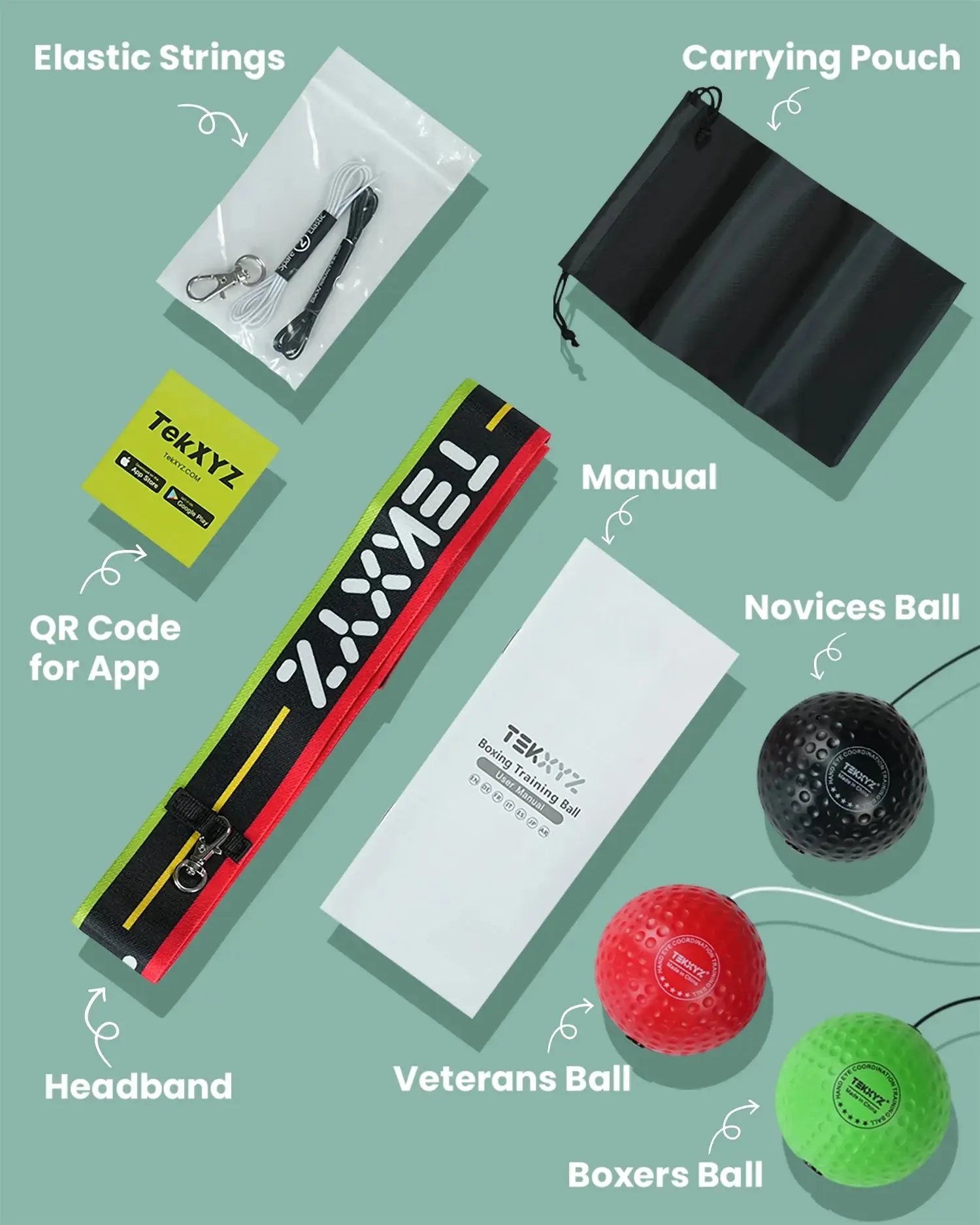 TekXYZ Boxing Reflex Ball in 3-Ball Set - Green-Red-Black - Flatlay View