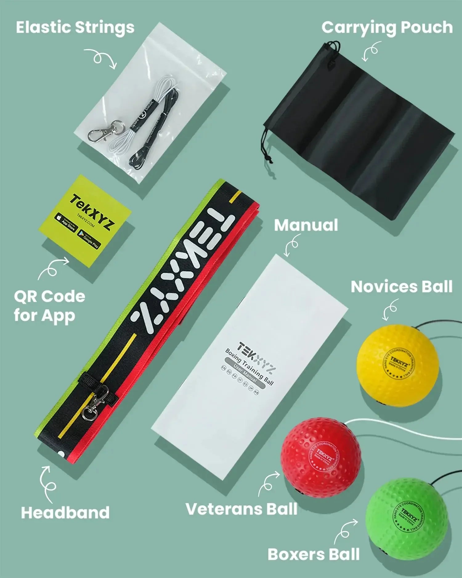 TekXYZ Boxing Reflex Ball in 3-Ball Set - Green-Red-Yellow - Flatlay View