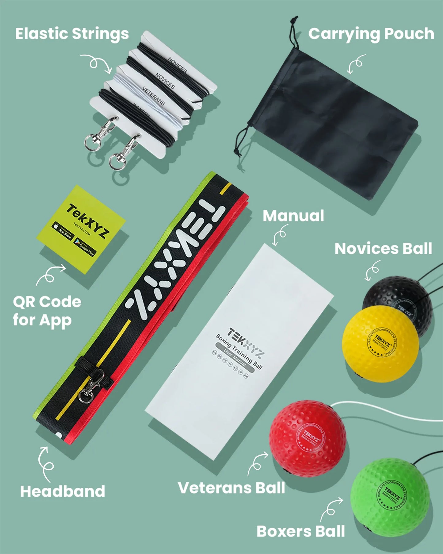 TekXYZ Boxing Reflex Ball in Family Pack - Green-Red-Yellow-Black - Flatlay View
