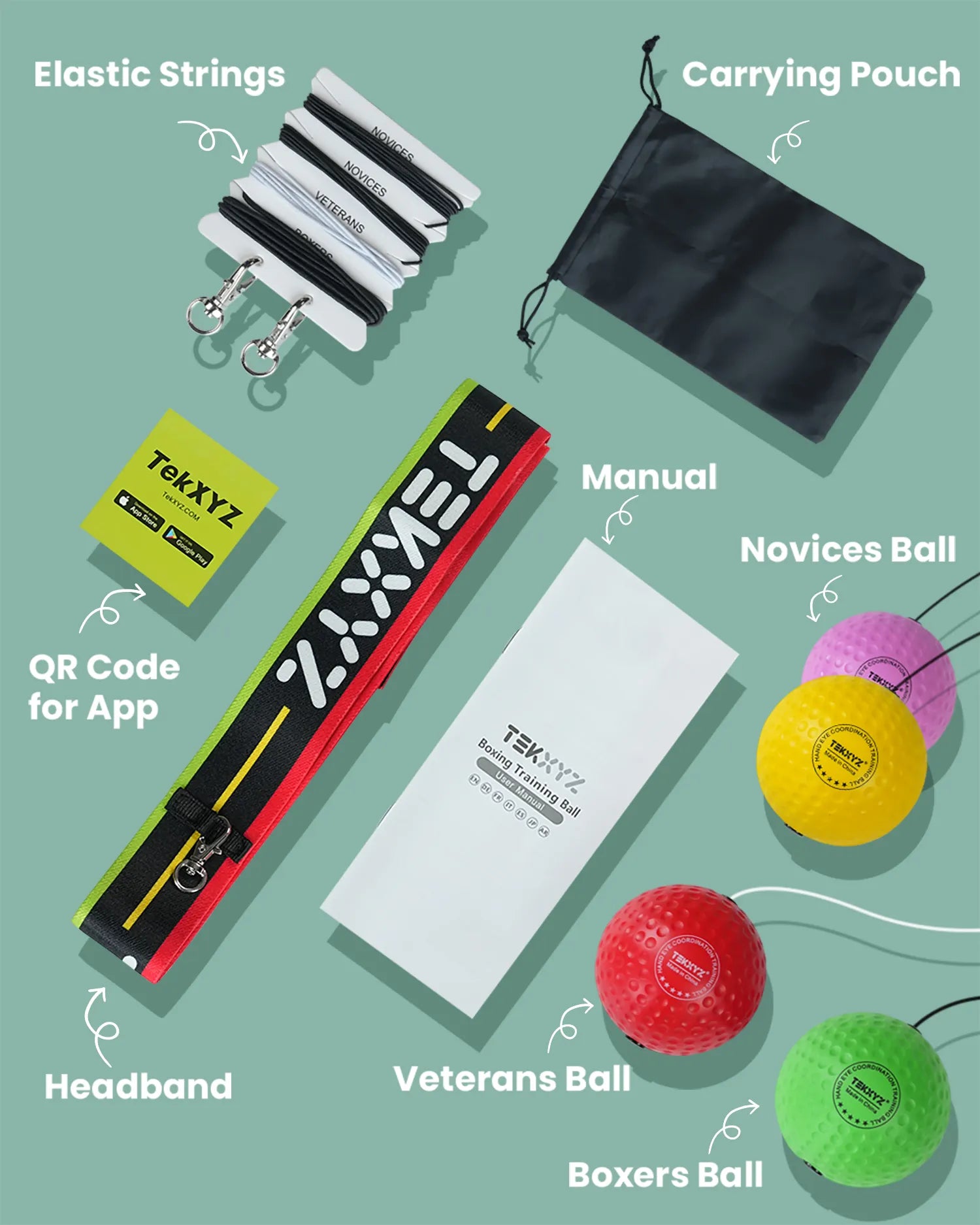 TekXYZ Boxing Reflex Ball in Family Pack - Green-Red-Yellow-Pink - Flatlay View