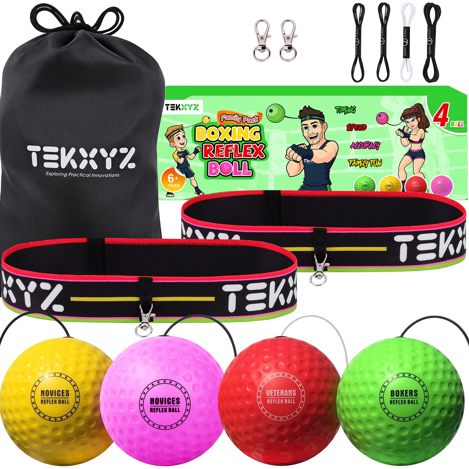 TEKXYZ Boxing Reflex Ball Family Pack - Green/Red/Yellow/Pink
